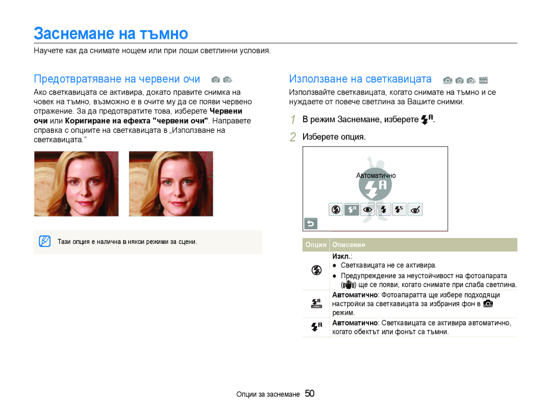 Samsung EC-ST600ZBPBE3 manual Заснемане на тъмно, Предотвратяване на червени очи a p, Използване на светкавицата S a p s 