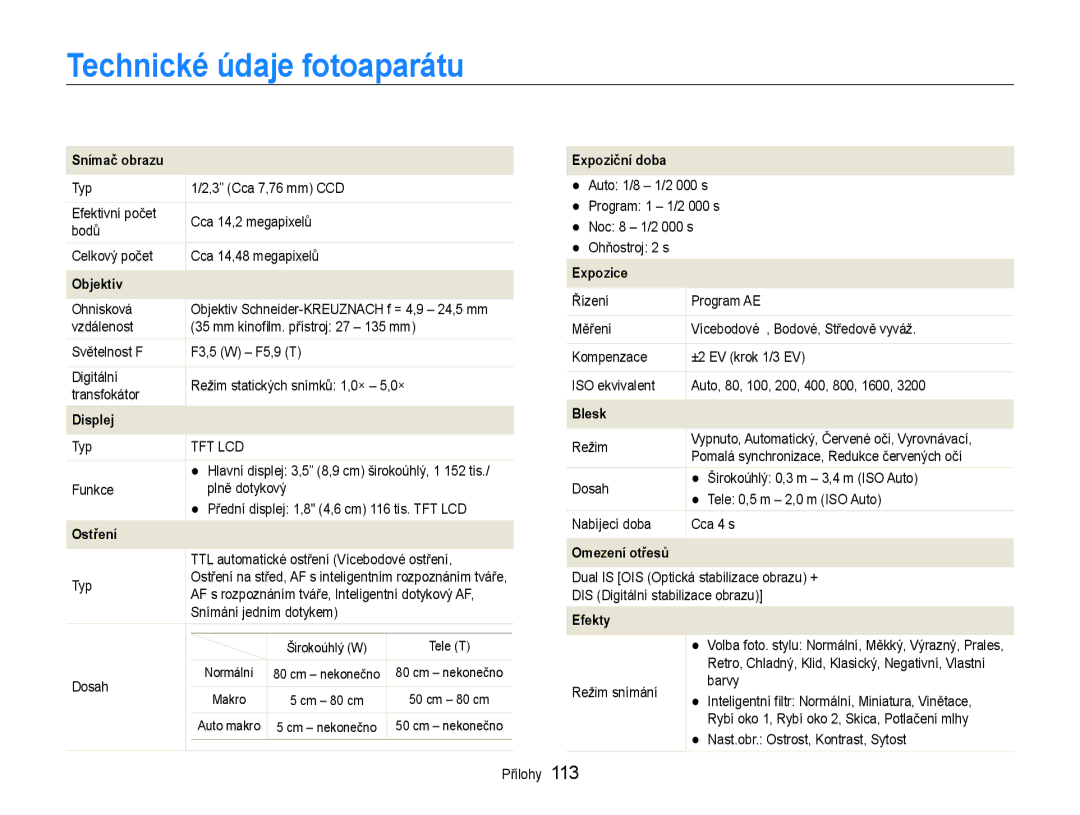 Samsung EC-ST600ZBPGE3, EC-ST600ZBPBE3 manual Technické údaje fotoaparátu, Snímač obrazu 