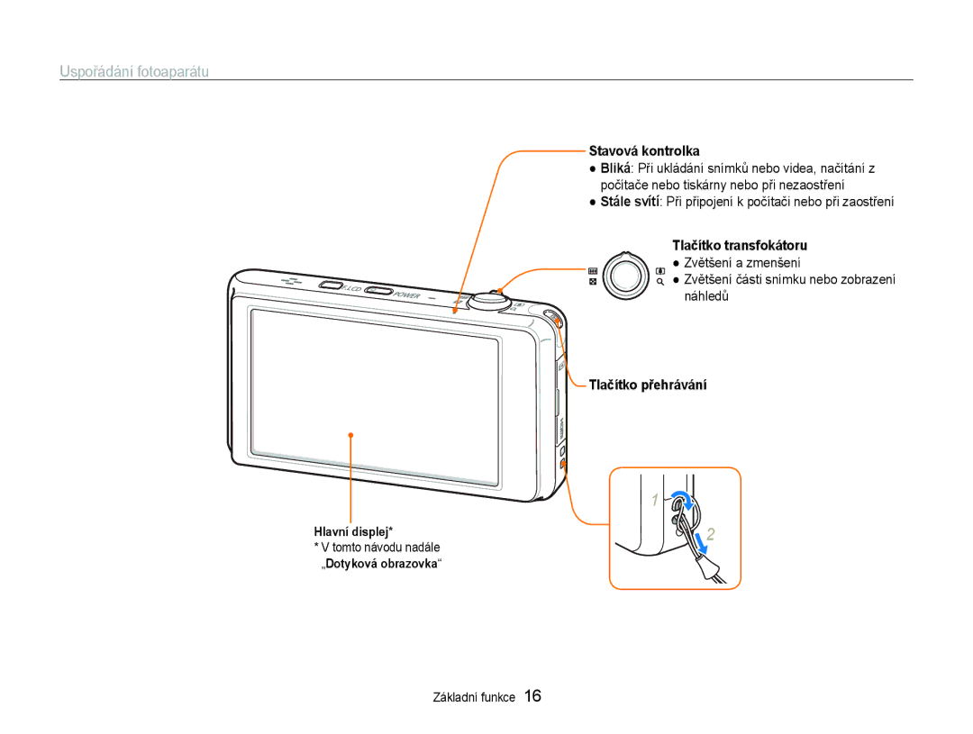 Samsung EC-ST600ZBPBE3 Uspořádání fotoaparátu, Stavová kontrolka, Stále svítí Při připojení k počítači nebo při zaostření 