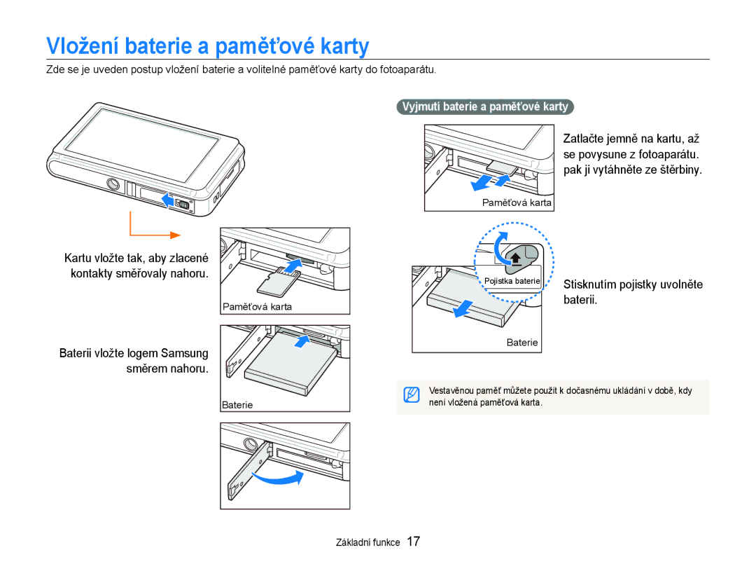 Samsung EC-ST600ZBPGE3, EC-ST600ZBPBE3 manual Vložení baterie a paměťové karty, Baterii, Vyjmutí baterie a paměťové karty 