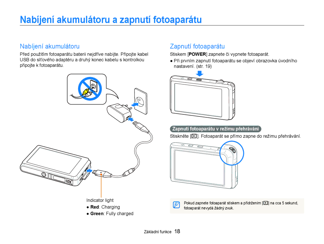 Samsung EC-ST600ZBPBE3, EC-ST600ZBPGE3 manual Nabíjení akumulátoru a zapnutí fotoaparátu, Zapnutí fotoaparátu 