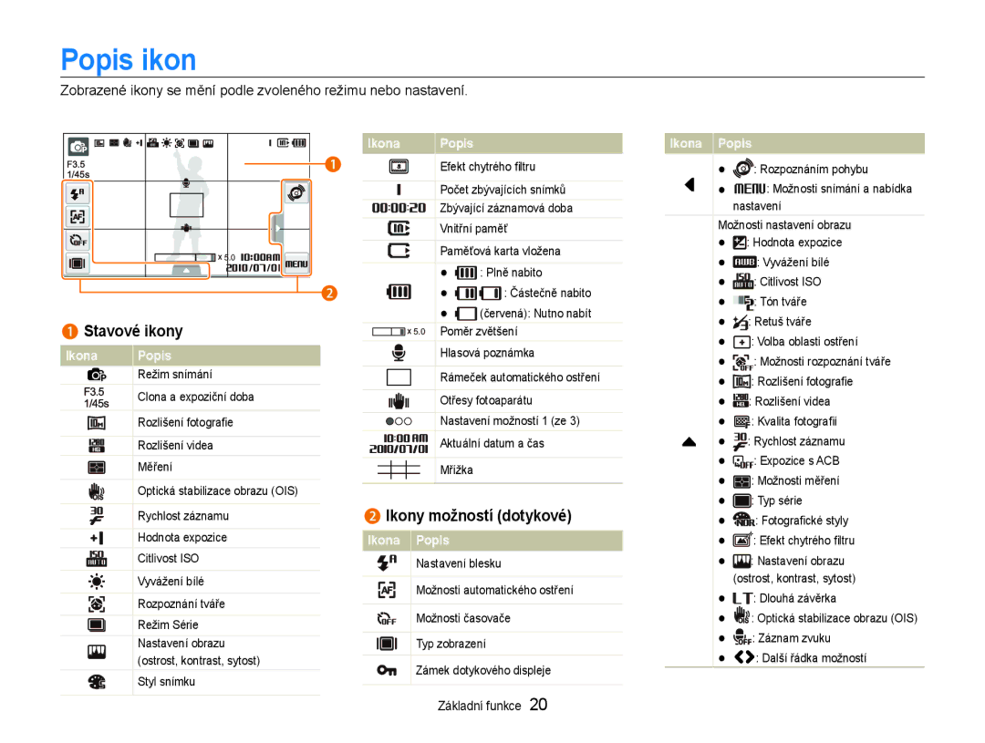 Samsung EC-ST600ZBPBE3, EC-ST600ZBPGE3 manual Popis ikon, Ikony možností dotykové, Stavové ikony 