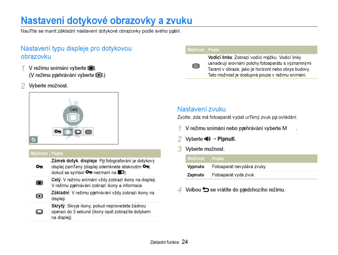 Samsung EC-ST600ZBPBE3 manual Nastavení dotykové obrazovky a zvuku, Nastavení typu displeje pro dotykovou, Obrazovku 