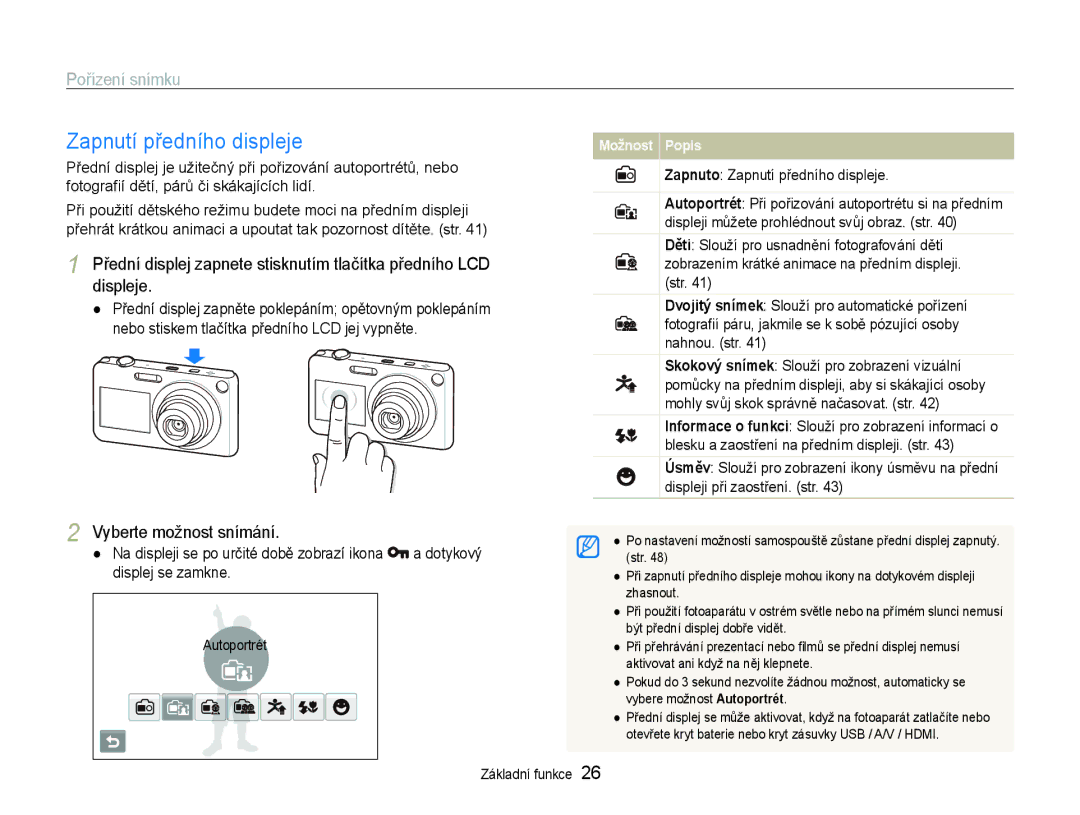 Samsung EC-ST600ZBPBE3 Zapnutí předního displeje, Pořízení snímku, Přední displej zapnete stisknutím tlačítka předního LCD 