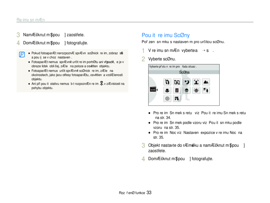 Samsung EC-ST600ZBPGE3, EC-ST600ZBPBE3 Použití režimu Scény, Režimy snímání, Režimu snímání vyberte a ““s Vyberte scénu 