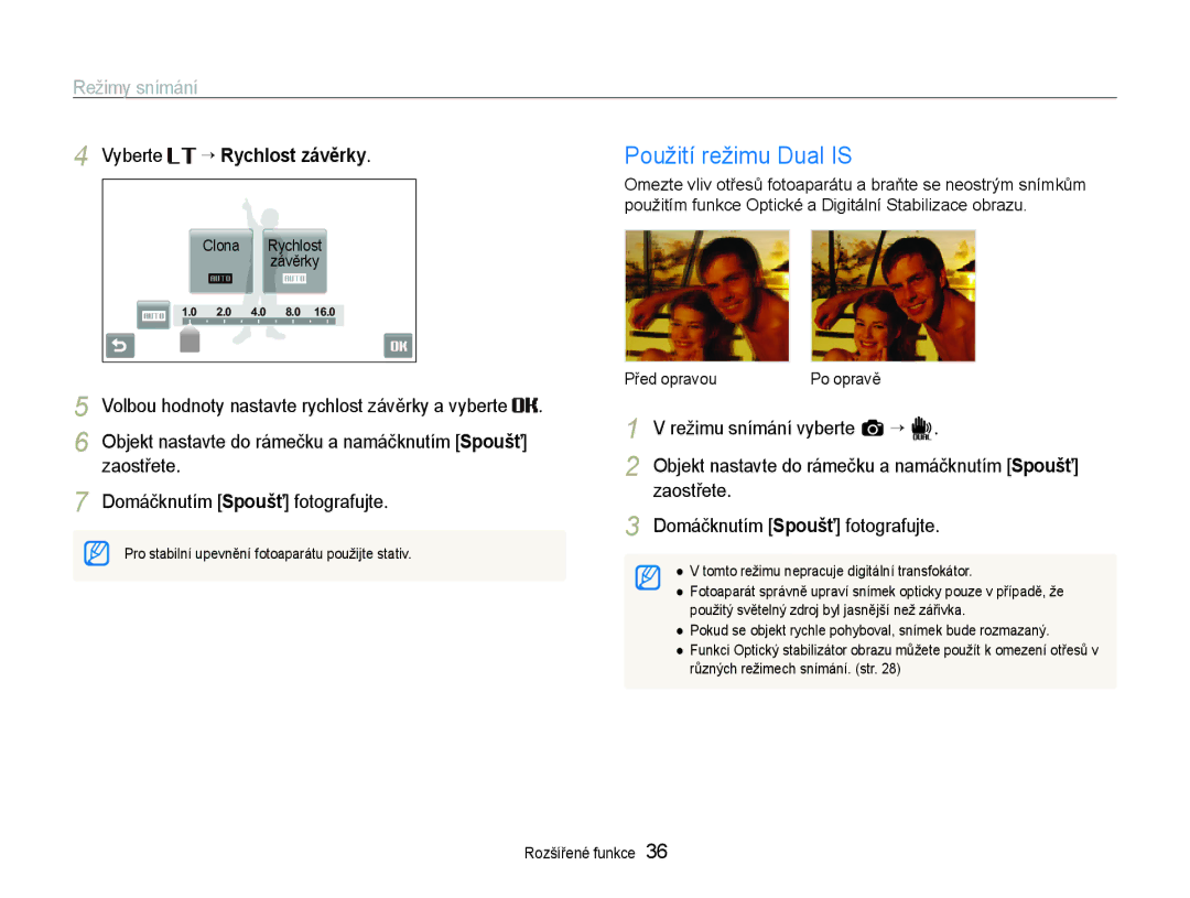 Samsung EC-ST600ZBPBE3, EC-ST600ZBPGE3 manual Použití režimu Dual is, ““Rychlost závěrky 