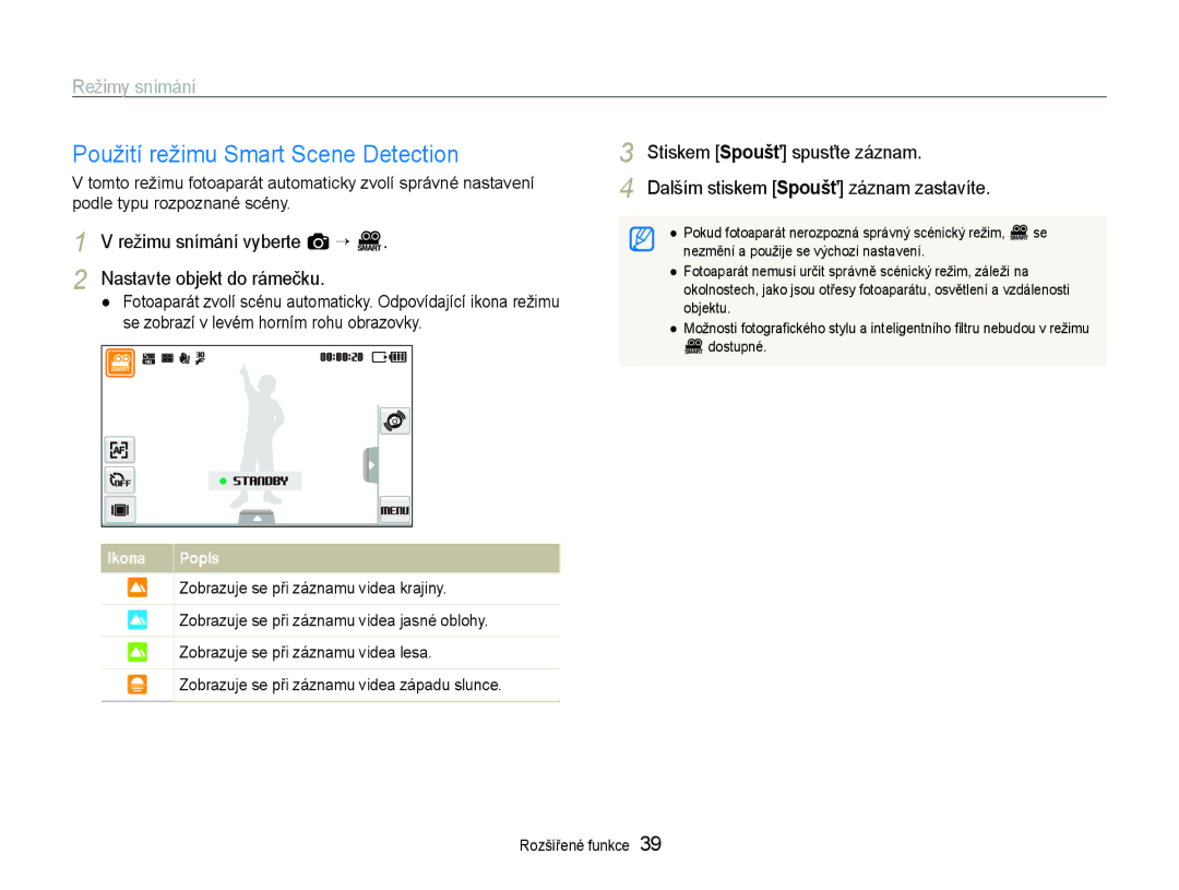 Samsung EC-ST600ZBPGE3 manual Použití režimu Smart Scene Detection, Režimu snímání vyberte a “ D Nastavte objekt do rámečku 