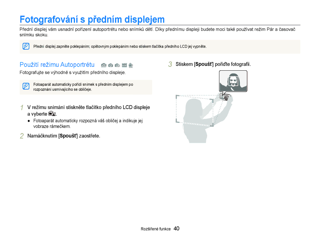 Samsung EC-ST600ZBPBE3, EC-ST600ZBPGE3 manual Fotografování s předním displejem, Použití režimu Autoportrétu S a p s d 
