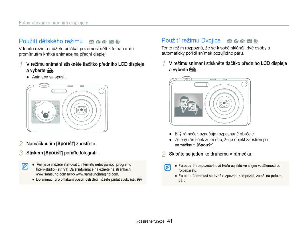 Samsung EC-ST600ZBPGE3 Použití režimu Dvojice, Fotografování s předním displejem, Skloňte se jeden ke druhému v rámečku 