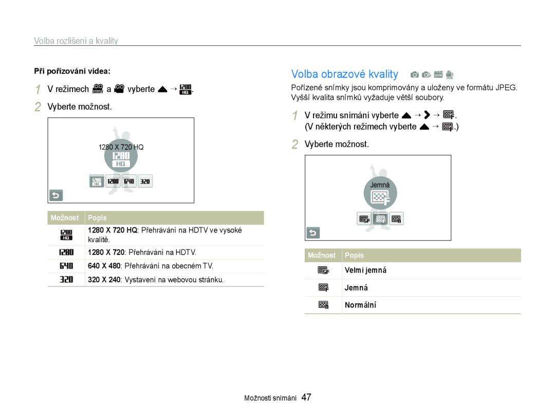Samsung EC-ST600ZBPGE3, EC-ST600ZBPBE3 Volba obrazové kvality a p s d, Volba rozlišení a kvality, Při pořizování videa 