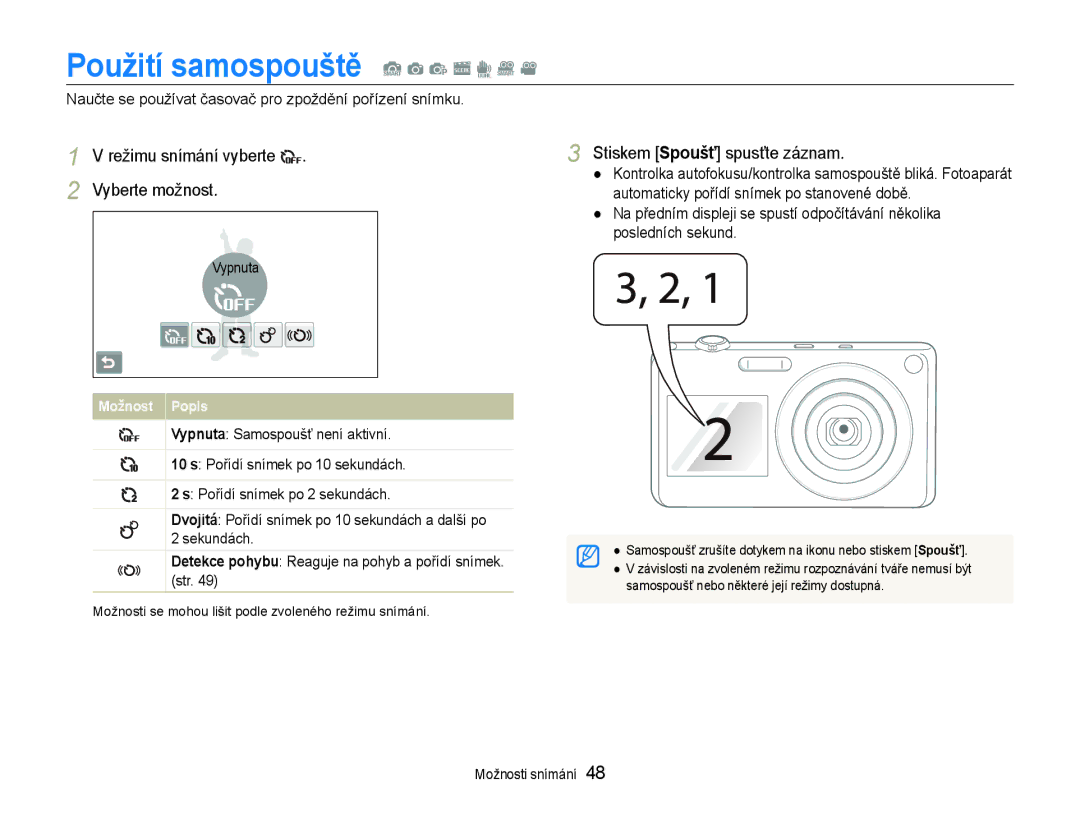 Samsung EC-ST600ZBPBE3, EC-ST600ZBPGE3 manual Použití samospouště S a p s d D, Režimu snímání vyberte Vyberte možnost 