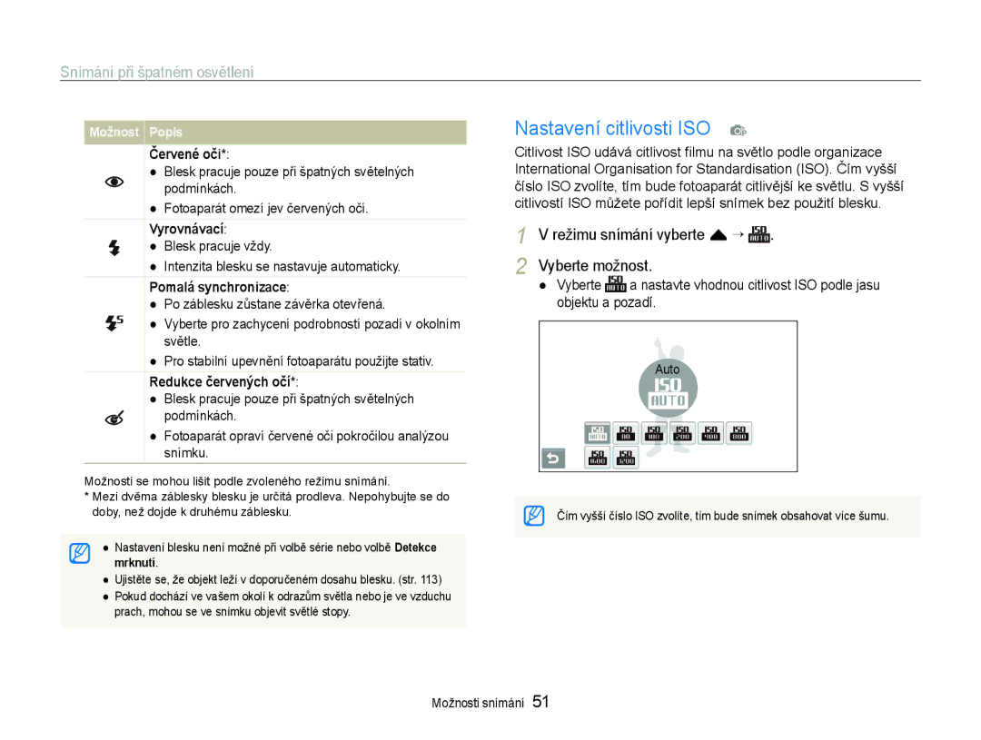 Samsung EC-ST600ZBPGE3 Nastavení citlivosti ISO, Snímání při špatném osvětlení, Režimu snímání vyberte f “ Vyberte možnost 