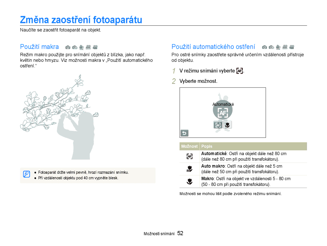 Samsung EC-ST600ZBPBE3 manual Změna zaostření fotoaparátu, Použití makra a p d D, Naučíte se zaostřit fotoaparát na objekt 