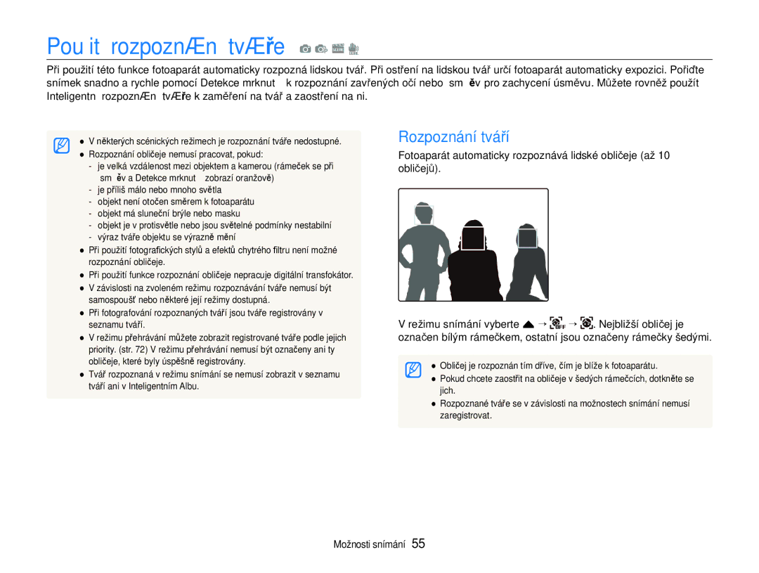 Samsung EC-ST600ZBPGE3, EC-ST600ZBPBE3 manual Použití rozpoznání tváře a p s d, Rozpoznání tváří 