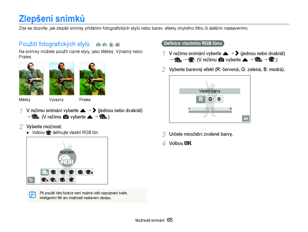 Samsung EC-ST600ZBPGE3 manual Zlepšení snímků, Použití fotograﬁckých stylů a p d, Určete množství zvolené barvy Volbou 