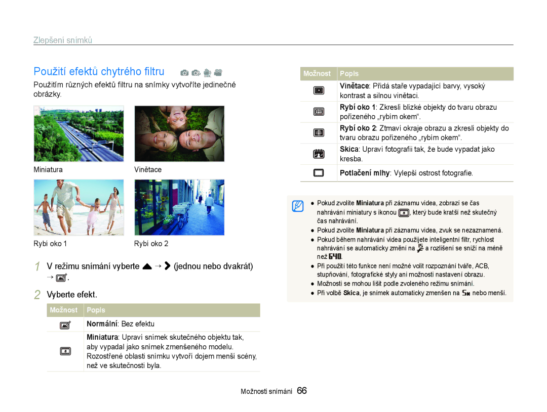 Samsung EC-ST600ZBPBE3, EC-ST600ZBPGE3 manual Použití efektů chytrého ﬁltru a p d, Zlepšení snímků 