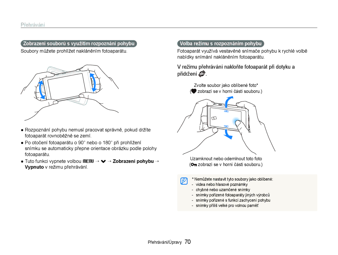 Samsung EC-ST600ZBPBE3, EC-ST600ZBPGE3 manual Přehrávání, Zobrazení souborů s využitím rozpoznání pohybu 