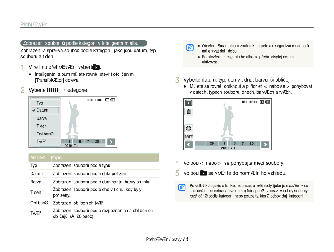 Samsung EC-ST600ZBPGE3, EC-ST600ZBPBE3 manual Vyberte datum, typ, den v týdnu, barvu či obličej, Vyberte “ kategorie 