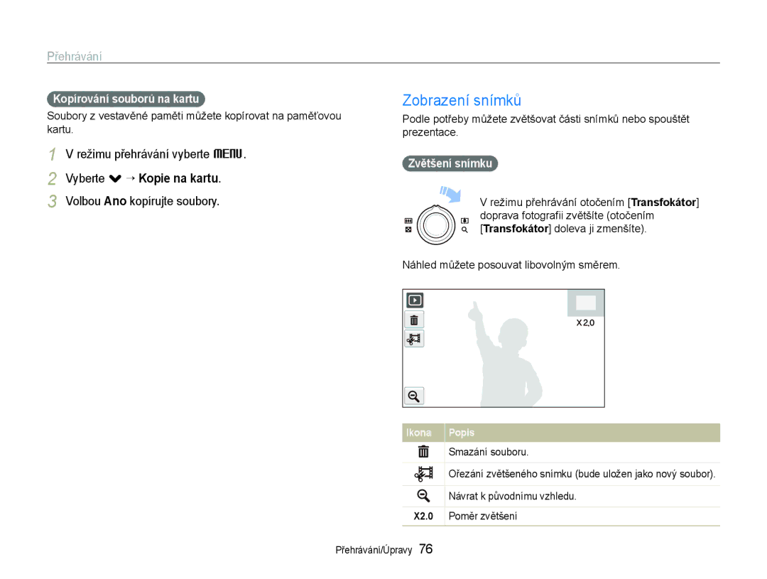 Samsung EC-ST600ZBPBE3 manual Zobrazení snímků, Vyberte . ““Kopie na kartu, Volbou Ano kopírujte soubory, Zvětšení snímku 