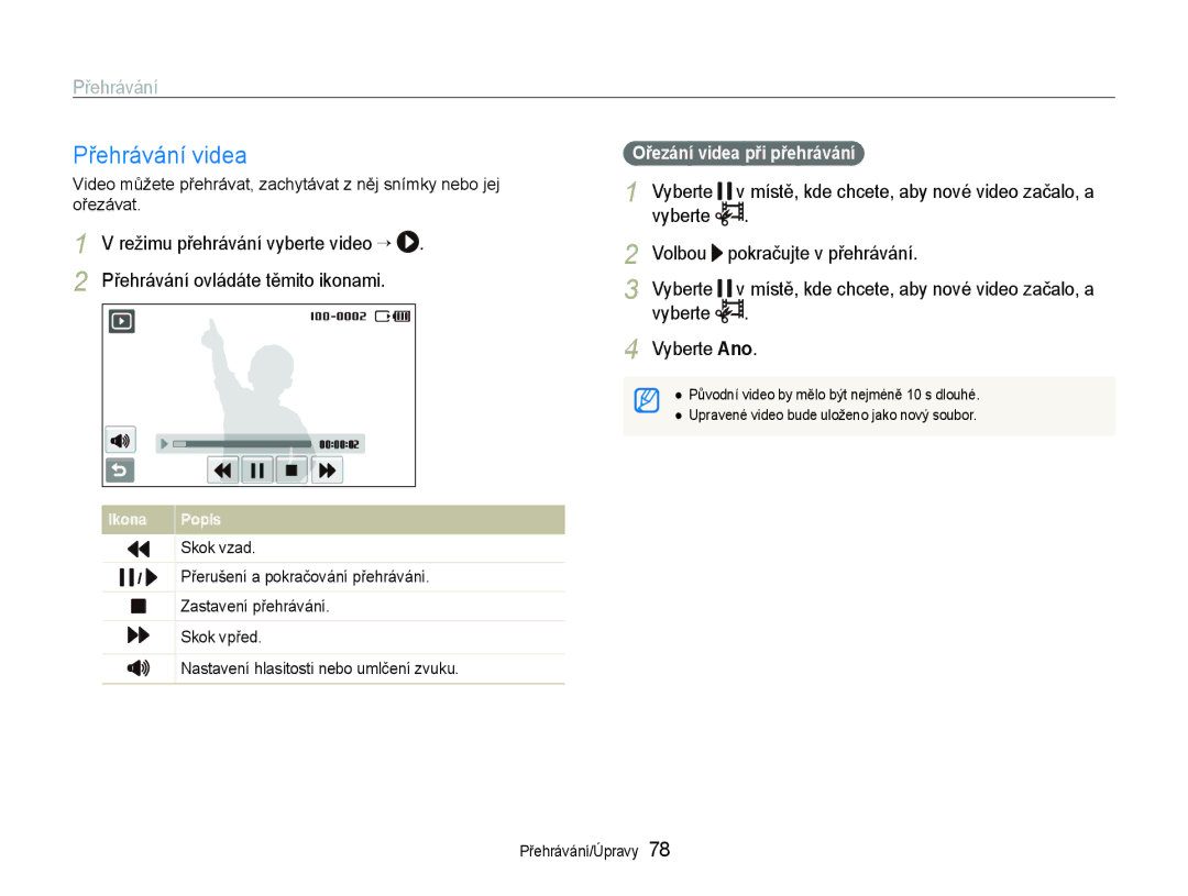 Samsung EC-ST600ZBPBE3, EC-ST600ZBPGE3 manual Přehrávání videa, Vyberte Volbou, Vyberte Vyberte Ano 