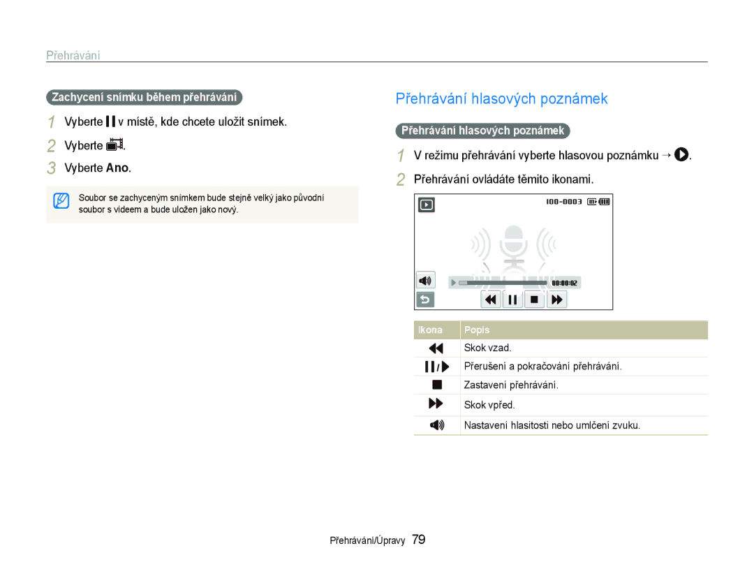 Samsung EC-ST600ZBPGE3, EC-ST600ZBPBE3 manual Přehrávání hlasových poznámek, Zachycení snímku během přehrávání 