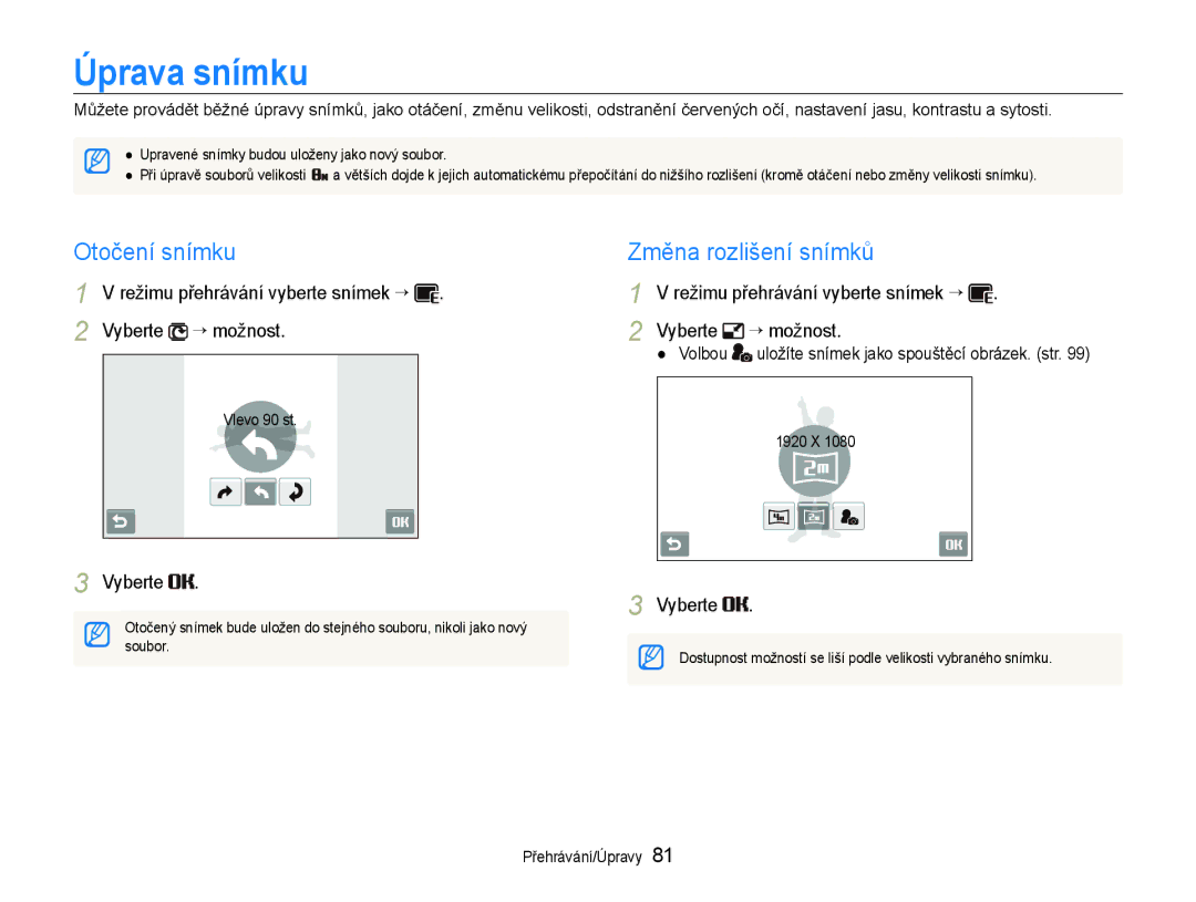 Samsung EC-ST600ZBPGE3, EC-ST600ZBPBE3 manual Úprava snímku, Otočení snímku, Změna rozlišení snímků 