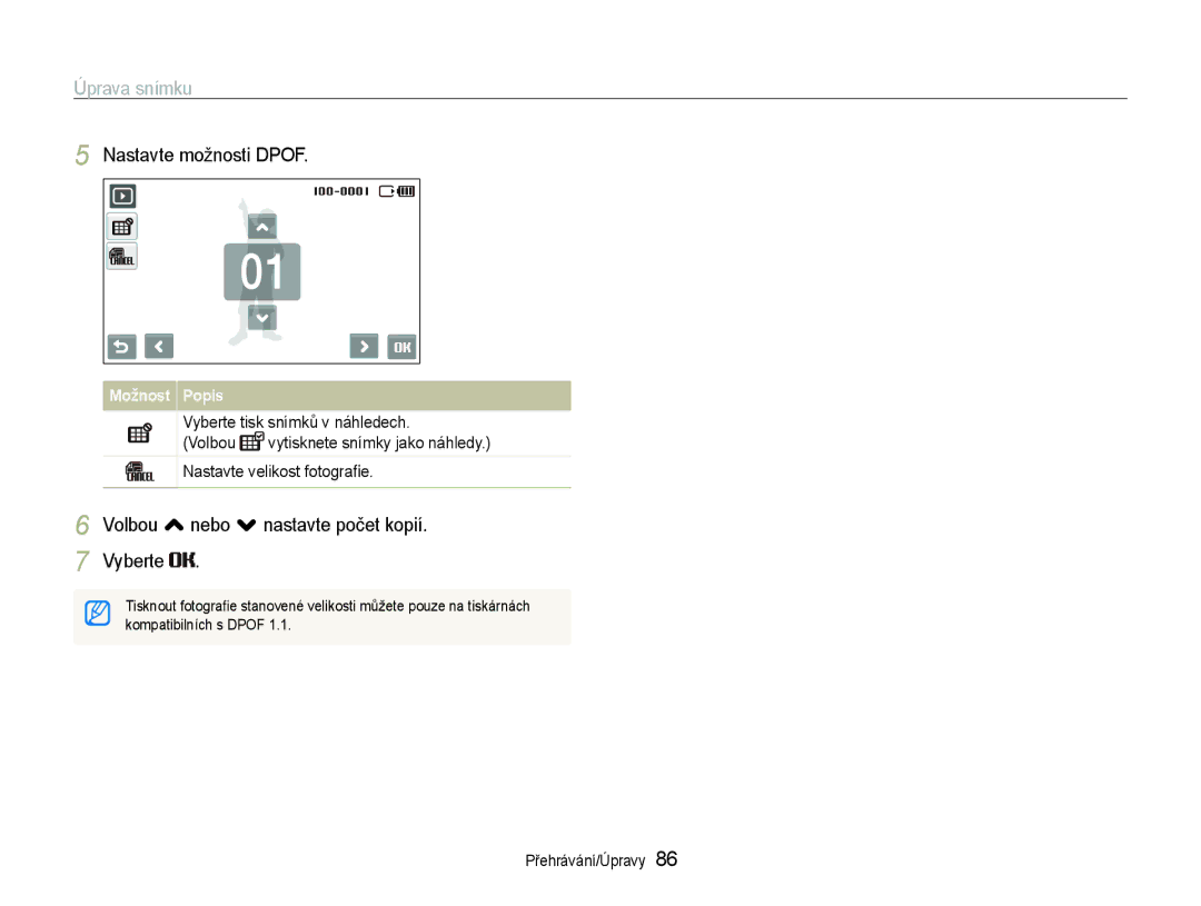 Samsung EC-ST600ZBPBE3, EC-ST600ZBPGE3 manual Nastavte možnosti Dpof, Volbou , nebo . nastavte počet kopií Vyberte 