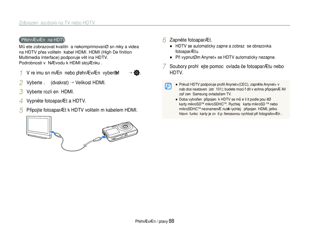 Samsung EC-ST600ZBPBE3, EC-ST600ZBPGE3 manual Zobrazení souborů na TV nebo Hdtv, Zapněte fotoaparát, Přehrávání na Hdtv 