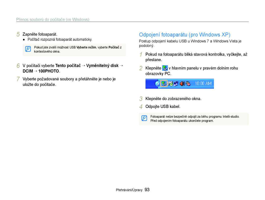 Samsung EC-ST600ZBPGE3 Odpojení fotoaparátu pro Windows XP, Přestane Klepněte, Obrazovky PC, Klepněte do zobrazeného okna 