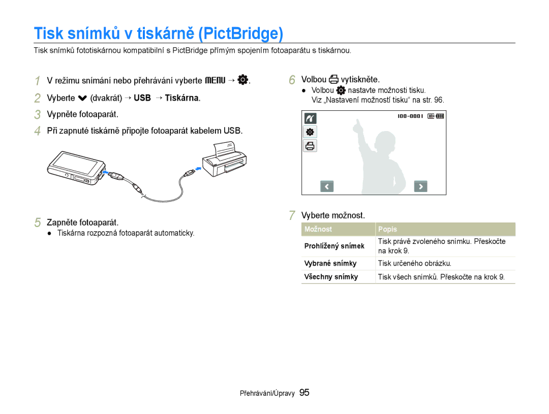 Samsung EC-ST600ZBPGE3 Tisk snímků v tiskárně PictBridge, Volbou vytiskněte, Tiskárna rozpozná fotoaparát automaticky 