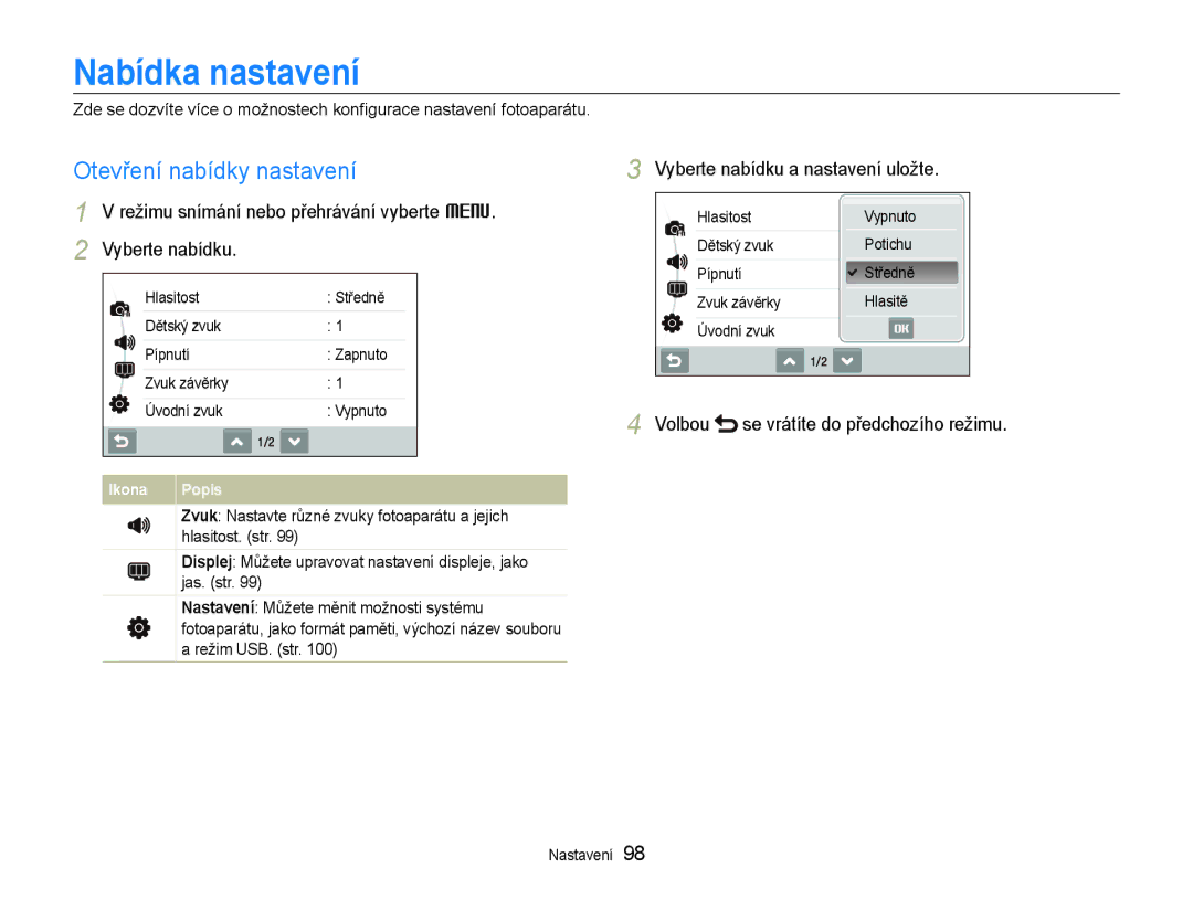 Samsung EC-ST600ZBPBE3, EC-ST600ZBPGE3 Nabídka nastavení, Otevření nabídky nastavení, Vyberte nabídku a nastavení uložte 