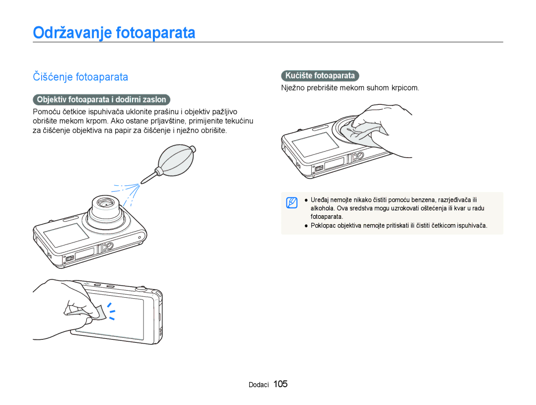 Samsung EC-ST600ZBPGE3, EC-ST600ZBPBE3 Održavanje fotoaparata, Čišćenje fotoaparata, Objektiv fotoaparata i dodirni zaslon 