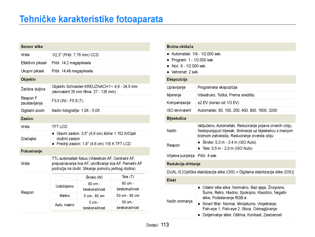 Samsung EC-ST600ZBPGE3, EC-ST600ZBPBE3 manual Tehničke karakteristike fotoaparata, Senzor slike 