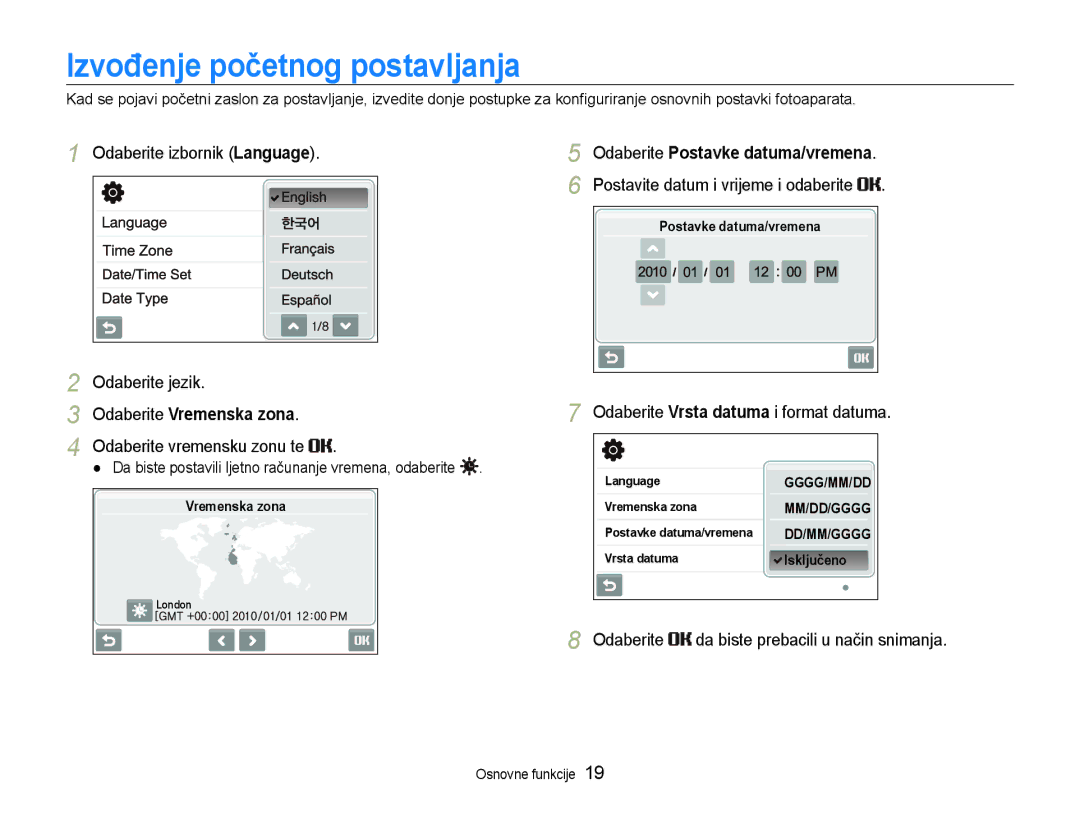 Samsung EC-ST600ZBPGE3, EC-ST600ZBPBE3 manual Izvođenje početnog postavljanja, Odaberite izbornik Language Odaberite jezik 