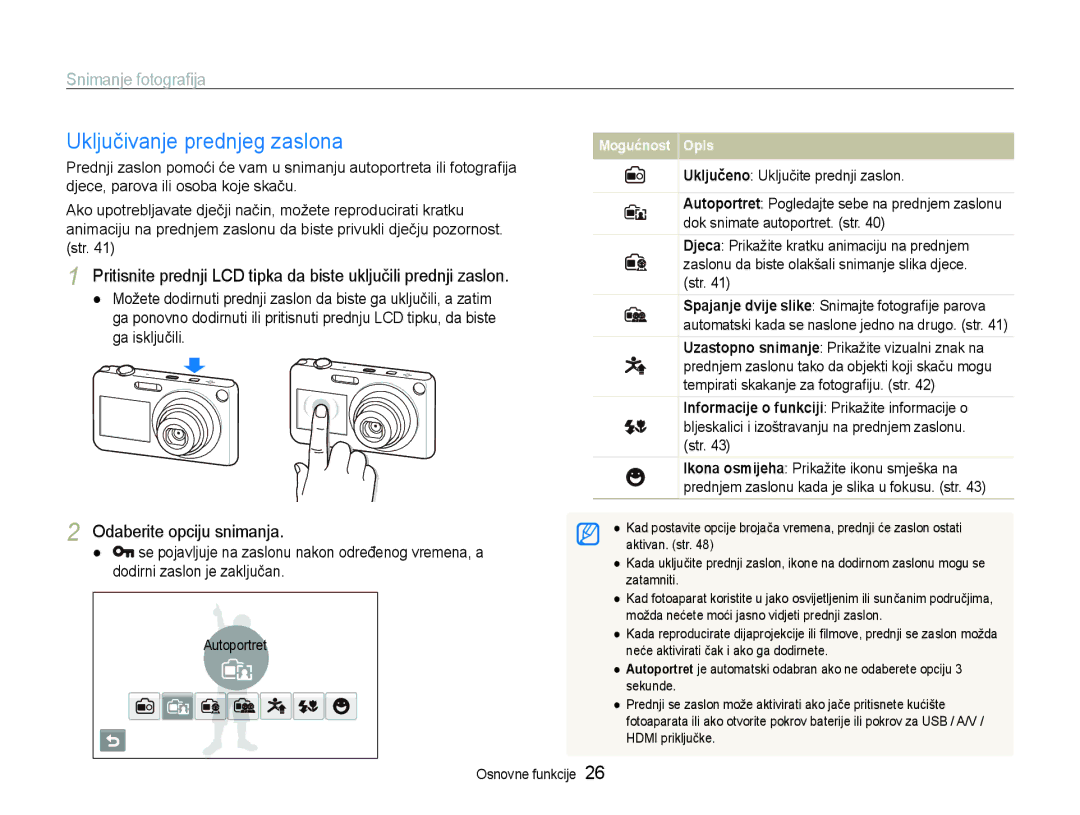 Samsung EC-ST600ZBPBE3, EC-ST600ZBPGE3 manual Uključivanje prednjeg zaslona, Snimanje fotograﬁja, Odaberite opciju snimanja 