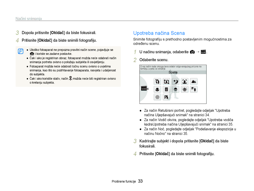 Samsung EC-ST600ZBPGE3 manual Upotreba načina Scena, Načini snimanja, Načinu snimanja, odaberite a ““s Odaberite scenu 