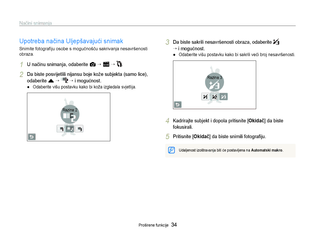 Samsung EC-ST600ZBPBE3 manual Upotreba načina Uljepšavajući snimak, Načinu snimanja, odaberite a “ s ““, Fokusirali 