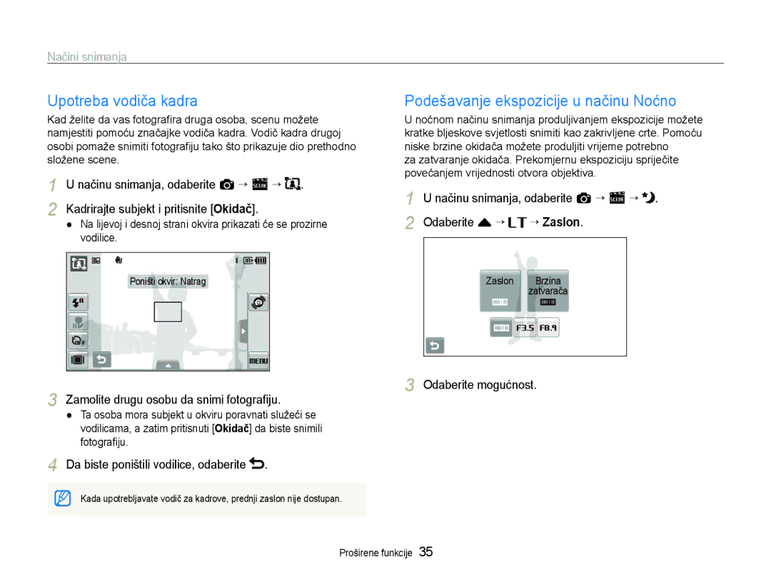 Samsung EC-ST600ZBPGE3, EC-ST600ZBPBE3 manual Upotreba vodiča kadra, Podešavanje ekspozicije u načinu Noćno 