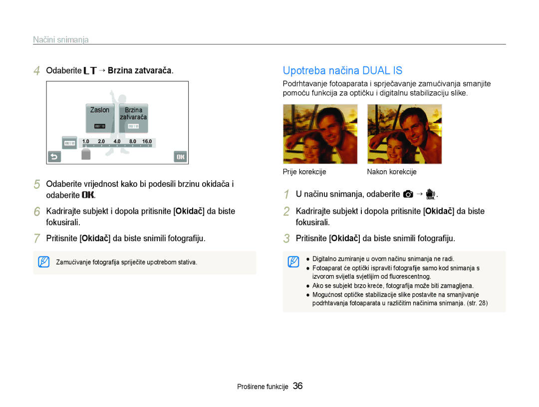 Samsung EC-ST600ZBPBE3, EC-ST600ZBPGE3 manual Upotreba načina Dual is, ““Brzina zatvarača, Načinu snimanja, odaberite a ““d 