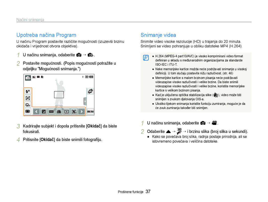 Samsung EC-ST600ZBPGE3, EC-ST600ZBPBE3 manual Upotreba načina Program, Snimanje videa, Načinu snimanja, odaberite a “ 