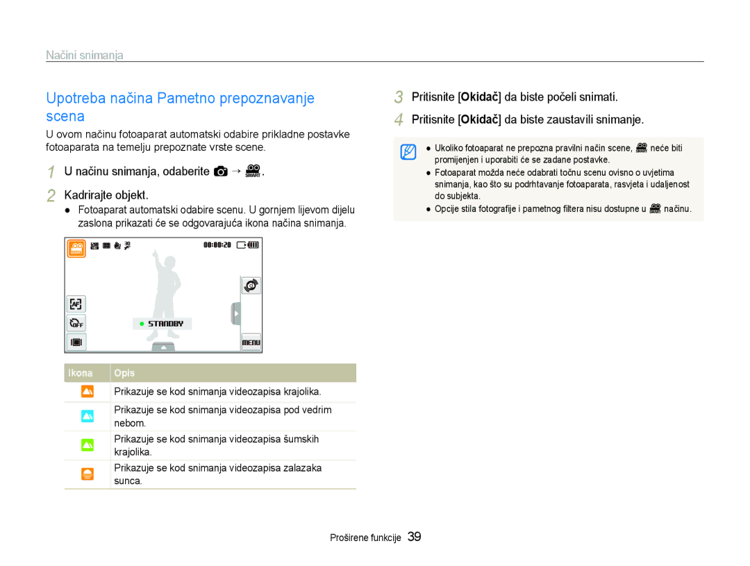 Samsung EC-ST600ZBPGE3 Upotreba načina Pametno prepoznavanje scena, Načinu snimanja, odaberite a “ D Kadrirajte objekt 