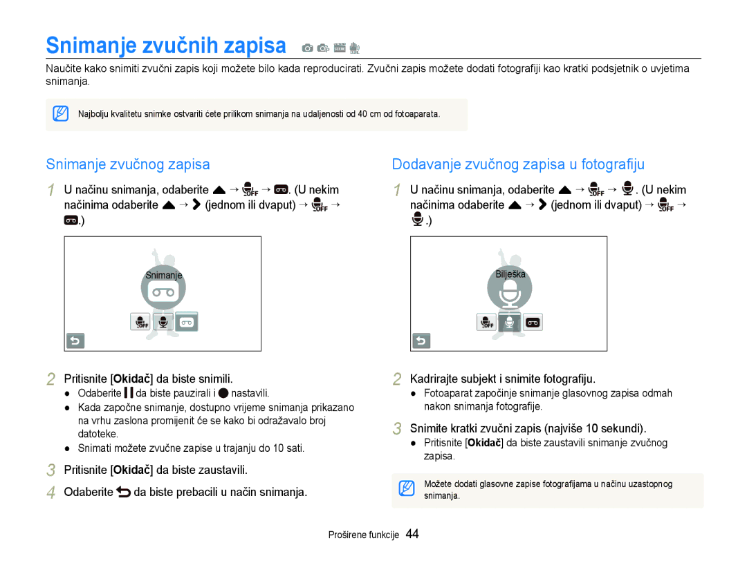 Samsung EC-ST600ZBPBE3 Snimanje zvučnih zapisa a p s d, Snimanje zvučnog zapisa, Dodavanje zvučnog zapisa u fotograﬁju 