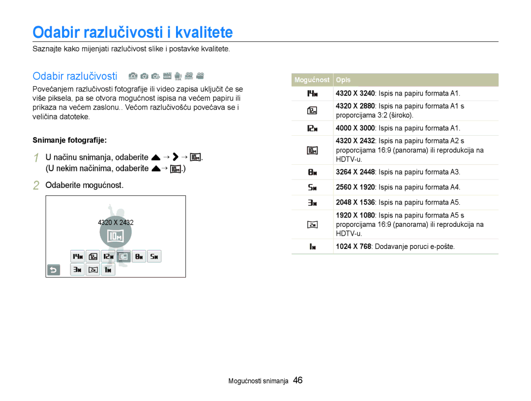 Samsung EC-ST600ZBPBE3 manual Odabir razlučivosti i kvalitete, Odabir razlučivosti S a p s d D, Snimanje fotograﬁje 