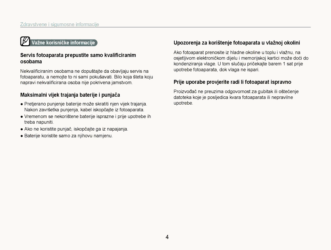 Samsung EC-ST600ZBPBE3 manual Servis fotoaparata prepustite samo kvaliﬁciranim osobama, Važne korisničke informacije 