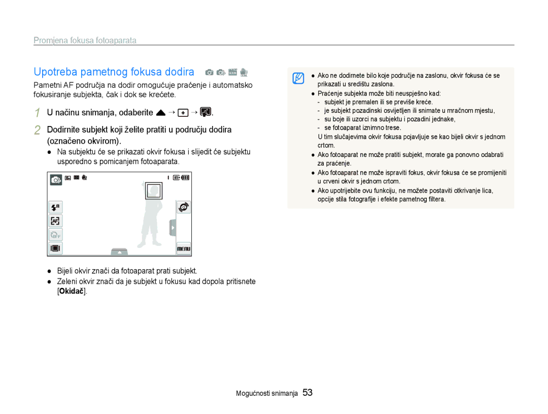 Samsung EC-ST600ZBPGE3 manual Upotreba pametnog fokusa dodira a p s d, Promjena fokusa fotoaparata, Označeno okvirom 