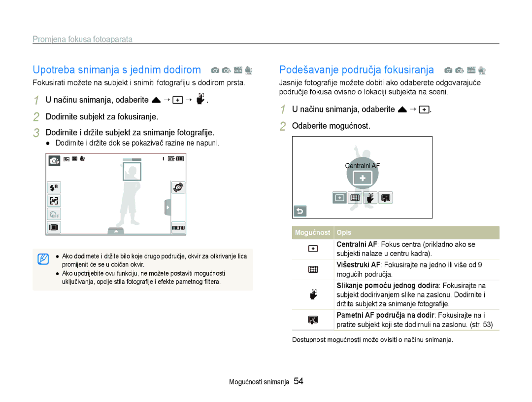 Samsung EC-ST600ZBPBE3 manual Upotreba snimanja s jednim dodirom a p s d, Podešavanje područja fokusiranja a p s d 