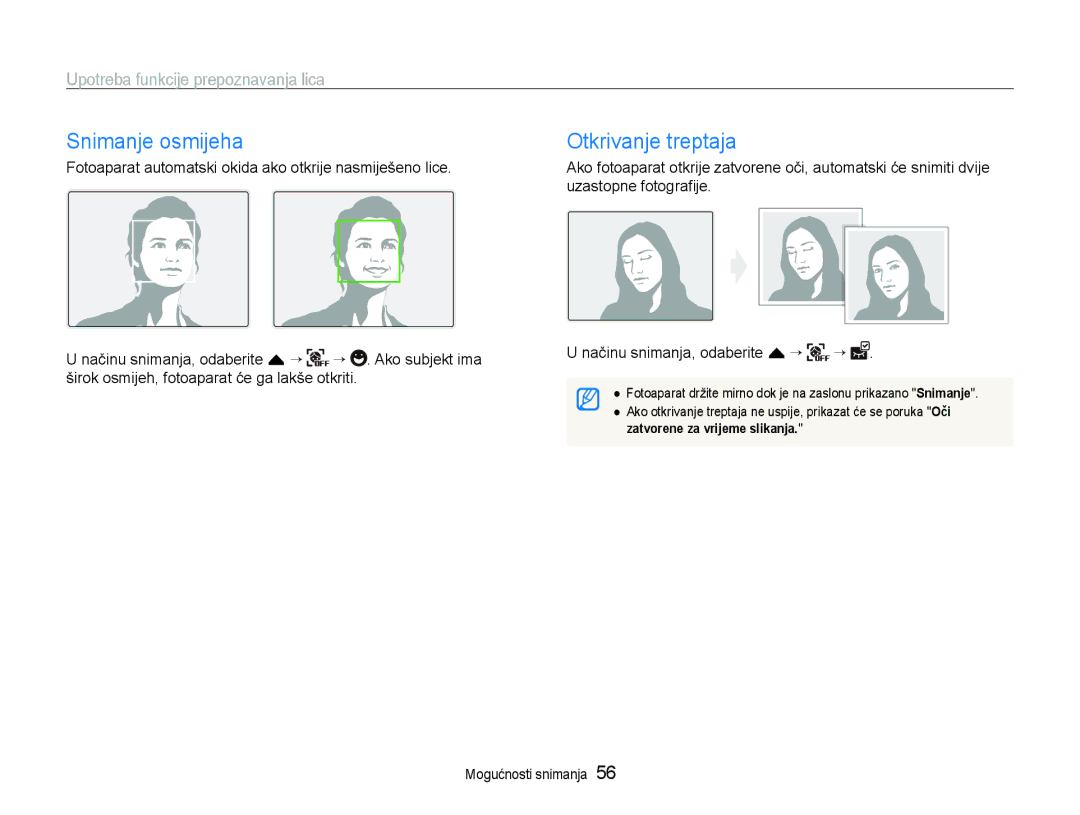Samsung EC-ST600ZBPBE3, EC-ST600ZBPGE3 manual Snimanje osmijeha, Otkrivanje treptaja, Upotreba funkcije prepoznavanja lica 