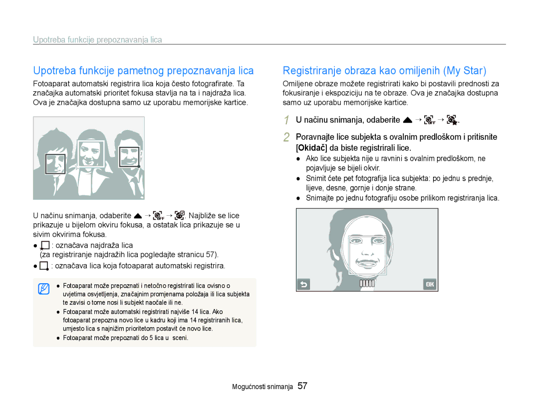 Samsung EC-ST600ZBPGE3 manual Upotreba funkcije pametnog prepoznavanja lica, Registriranje obraza kao omiljenih My Star 