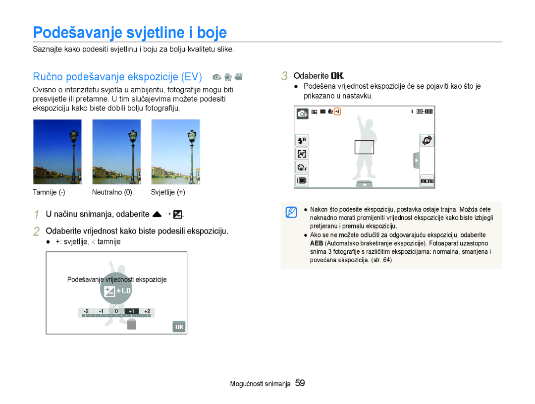 Samsung EC-ST600ZBPGE3 Podešavanje svjetline i boje, Ručno podešavanje ekspozicije EV p d, Tamnije Neutralno Svjetlije + 