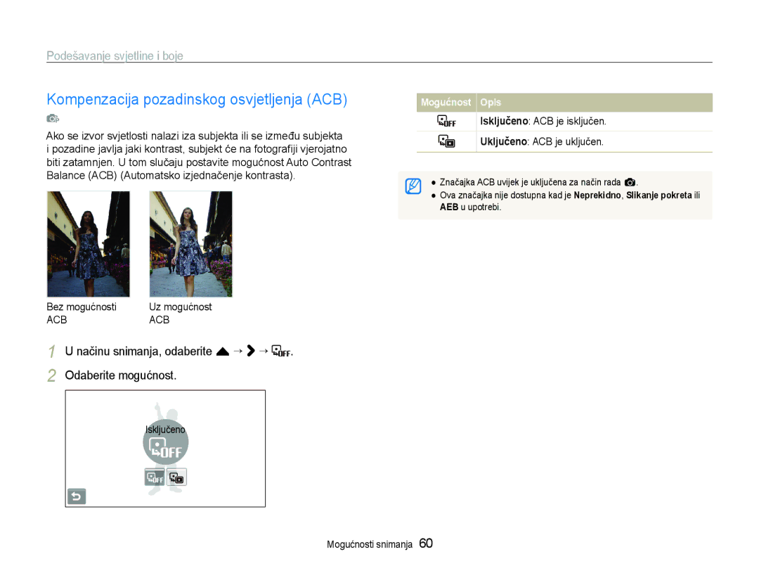 Samsung EC-ST600ZBPBE3 manual Kompenzacija pozadinskog osvjetljenja ACB, Podešavanje svjetline i boje, Bez mogućnosti 